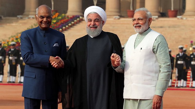 Indian President Ram Nath Kovind (left), Iranian President Hassan Rouhani (centre) and Prime Minister Narendra Modi on 17 February 2018 in New Delhi. The three-day “substantive and productive” talks helped boost cooperation in areas of defense and security, trade and investment, and energy. Rouhani and Modi also deliberated on regional situations in their wide-ranging talks. Credit: media.mehrnews.com