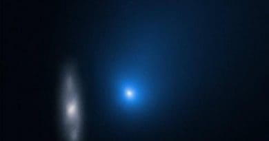 Comet 2I/Borisov is only the second interstellar object known to have passed through our Solar System. In this image taken by the NASA/ESA Hubble Space Telescope, the comet appears in front of a distant background spiral galaxy. CREDIT NASA, ESA, and D. Jewitt (UCLA)