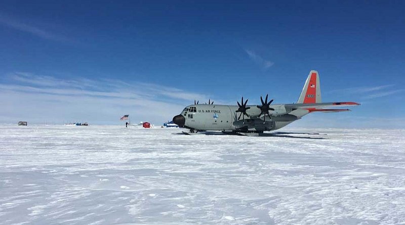 An LC-130 Hercules aircraft sits on an Arctic region skiway that was created by airmen from the 109th Airlift Wing. Photo Credit: US Air Force