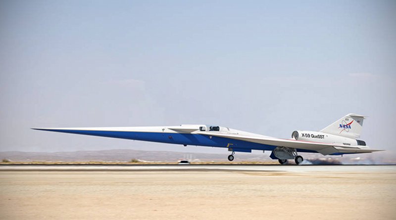 Illustration of the completed X-59 QueSST landing on a runway. Credits: Lockheed Martin