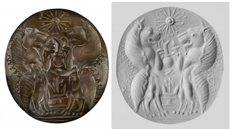 UC archaeologists found a sealstone made from semiprecious carnelian in the family tombs at Pylos, Greece. The sealstone was engraved with two lionlike mythological figures called genii carrying serving vessels and incense burners facing each other over an altar and below a 16-pointed star. The other image is a putty cast of the sealstone. CREDIT UC Classics