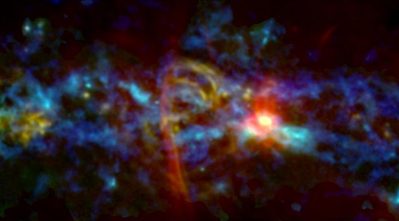 The central zone of our galaxy hosts the Milky Way's largest, densest collection of giant molecular clouds, raw material for making tens of millions of stars. This image combines archival infrared (blue), radio (red) and new microwave observations (green) from the Goddard-developed GISMO instrument. The composite image reveals emission from cold dust, areas of vigorous star formation, and filaments formed at the edges of a bubble blown by some powerful event at the galaxy's center. CREDIT NASA Goddard's Space Flight Center