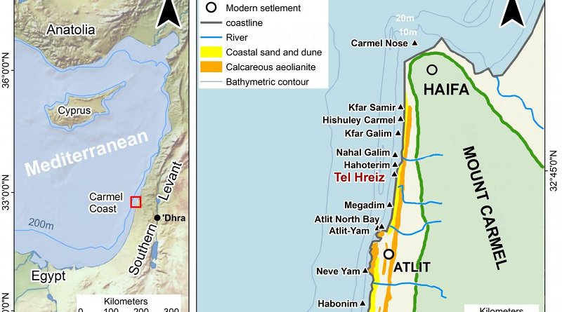 Eastern Mediterranean and the Israeli coast: Submerged Neolithic settlements off the Carmel coast 2019. CREDIT John McCarthy after Galili et al.