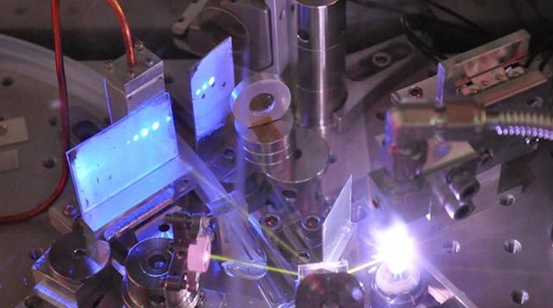 Ultrafast pulses of extreme ultraviolet light are created in a gas jet of white plasma, and are visible as blue dots on a phosphor screen as well as yellow beams from oxygen fluorescence. CREDIT Research to Reality