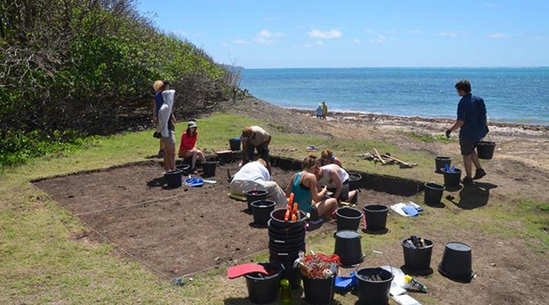 Students from the University of Oregon, North Carolina State University and University College London work at a Grand Bay cultural site on Carriacou Island, located in the Grenada Grenadines in the Lesser Antilles. A reexamination of radiocarbon dating from multiple islands of the Caribbean concludes that settlement by South American populations started to the north in the Greater Antilles rather in than in a step-by-step northward migration CREDIT Photo by Scott Fitzpatrick