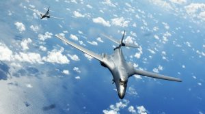Two U.S. Air Force B-1B Lancers assigned to 9th Expeditionary Bomb Squadron, deployed from Dyess Air Force Base, Texas, fly 10-hour mission from Guam through South China Sea, operating with USS Sterett, June 8, 2017 (U.S. Air Force/Richard P. Ebensberger)