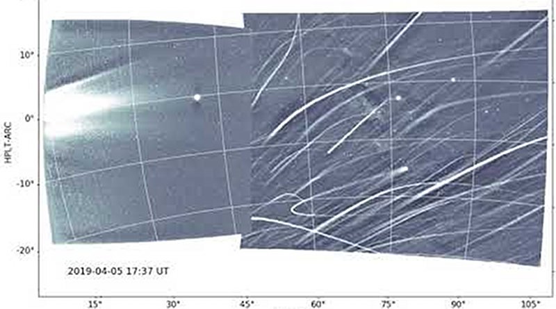 The WISPR image on NASA's Parker Solar Probe captured imagery of the constant outflow of material from the Sun during its close approach to the Sun in April 2019. Credits: NASA/NRL/APL