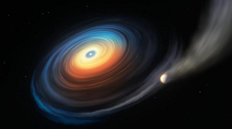 This illustration shows the white dwarf WDJ0914+1914 and its Neptune-like exoplanet. Since the icy giant orbits the hot white dwarf at close range, the extreme ultraviolet radiation from the star strips away the planet's atmosphere. While most of this stripped gas escapes, some of it swirls into a disc, itself accreting onto the white dwarf. CREDIT ESO/M. Kornmesser