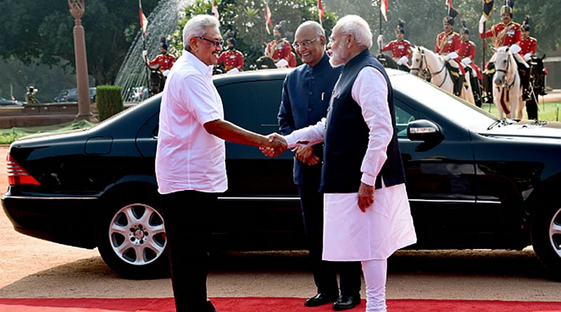 The President, Shri Ram Nath Kovind and the Prime Minister, Shri Narendra Modi welcome the President of Sri Lanka, Mr. Gotabaya Rajapaksa at the Ceremonial Reception, at Rashtrapati Bhavan, in New Delhi on November 29, 2019. Photo Credit: India PM Office