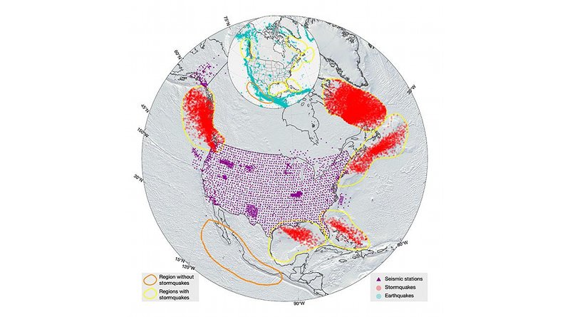 Stormquakes offshore North America (shown as red circles) and seismic stations (shown as triangles) from 2006 to 2015. Some of the apparent stormquake locations are on land due to location uncertainties. The yellow contours show regions where stormquakes were detected; the orange contour shows an offshore region of Mexico that has been struck by hurricanes but without excitation of stormquakes. The insert shows earthquakes (blue dots) reported in the ISC catalog with magnitudes greater than 3 and shallower than 40 km in this same time span. CREDIT Fan, McGuire, de Groot-Hedlin, Hedlin, Coats, and Fiedler