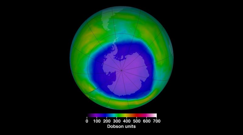 This is a NASA image showing the ozone hole at its maximum extent for 2015. CREDIT NASA Goddard Space Flight Center