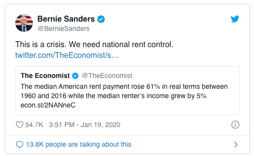 bernie sanders tweet housing rent control