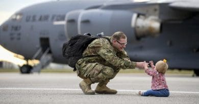 A US airman reunites with his daughter following a deployment. Photo Credit: USAF Airman 1st Class Ericka Woolever