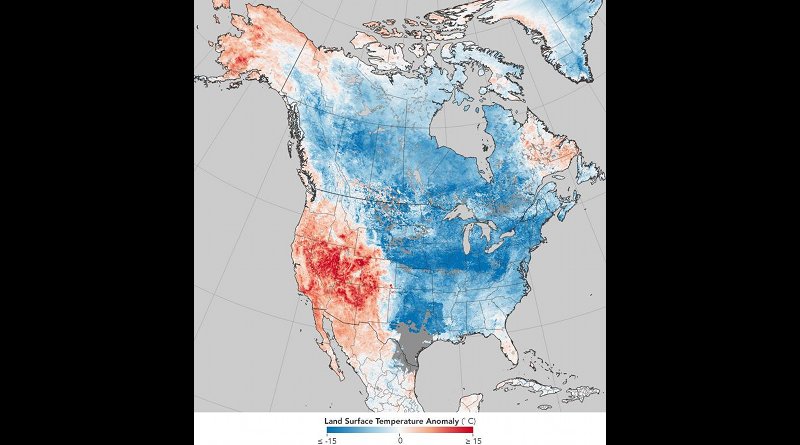 North American surface temperatures for Dec. 26, 2017-Jan. 2, 2018: even if it is extremely cold in a region, this does not mean that climate change has stopped. CREDIT Source: NASA Earth Observatory