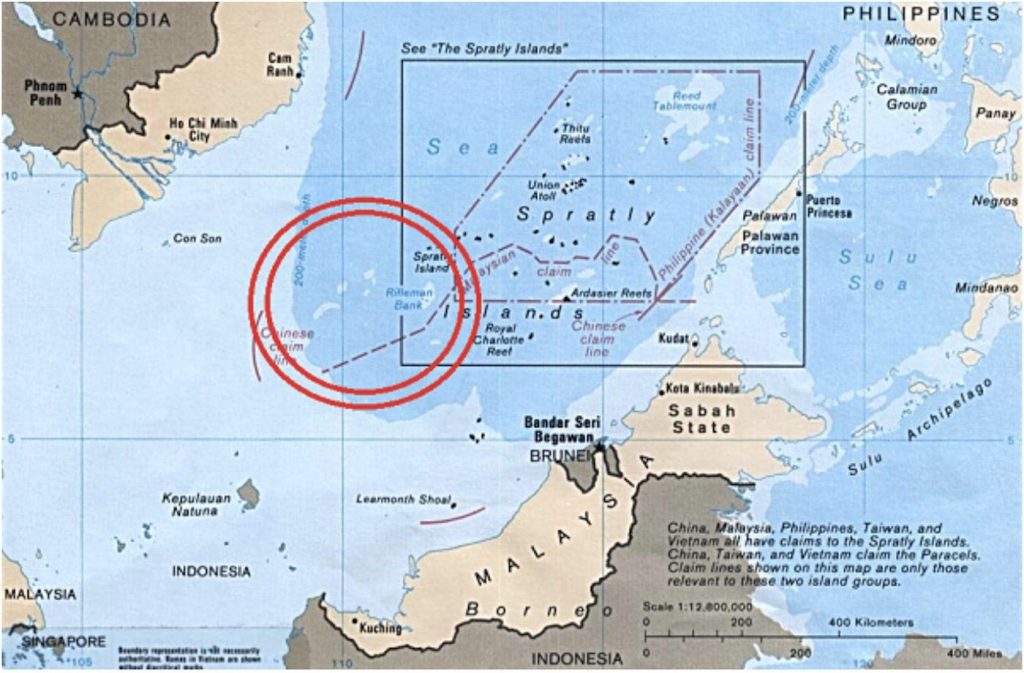 Standoff: Vanguard Bank area, circled in red, is an area of tension between China and Vietnam in the South China Sea (Source: Wikimedia Commons and Rand)