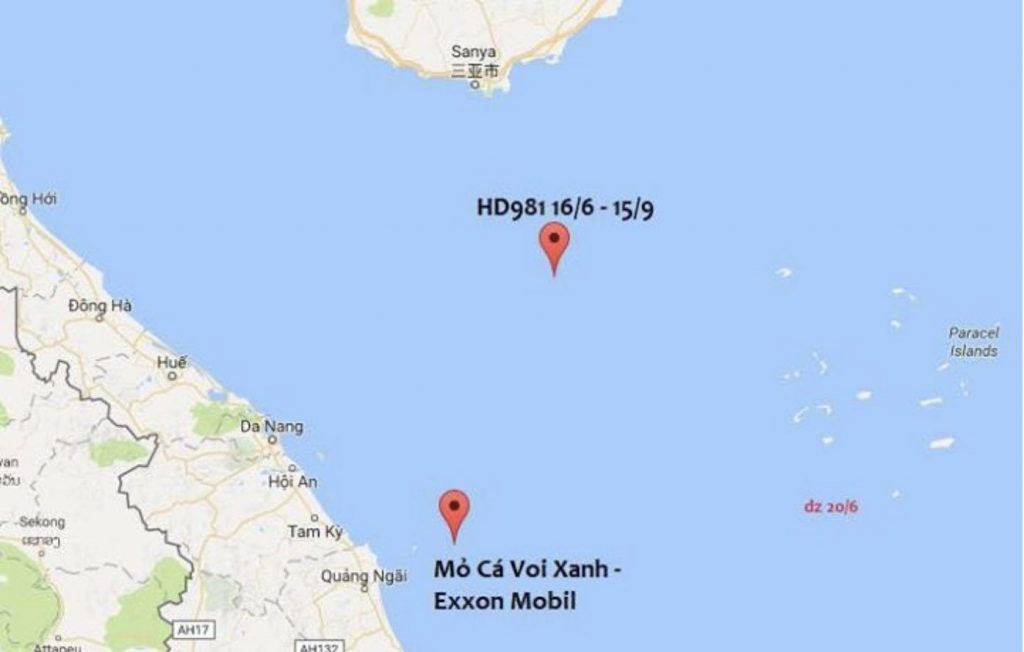 Oil rush: In 2011, PetroVietnam discovered a large natural gas field offshore, Ca Voi Xanh or Blue Whale, with enough to power Hanoi for two decades; by 2014, China placed an oil rig HD981 nearby (Source: Twitter and ExxonMobil)