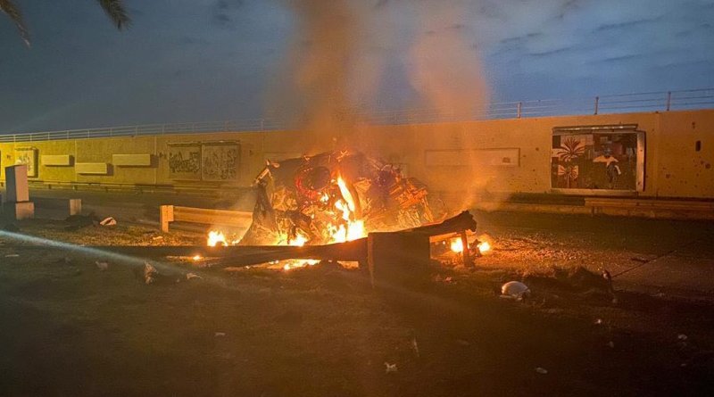 In this photo from social media, a burning car is shown after a rocket attack on the Baghdad International Airport on Jan. 3, 2020. IRAQ MINISTRY OF DEFENCE/FACEBOOK