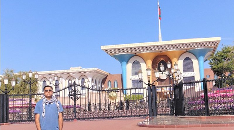The writer in front of the Sultan's Al Alam Palace in Old Muscat. Credit: Manish Rai.