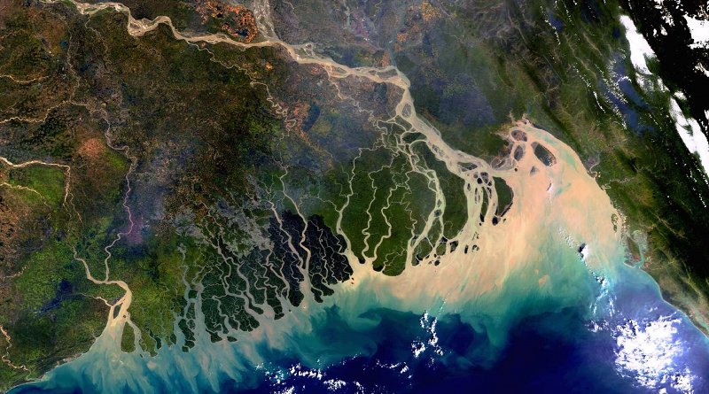 The Ganges-Brahmaputra-Meghna delta as seen from the European Space Agency (ESA) Envisat satellite. The image was taken on November 8, 2003 and covers an area of around 633 x 630 km with a spatial resolution of 300 m. www.esa.int/ESA_Multimedia/Images/2005/03/The_Bangladesh_coastline_seen_by_Envisat CREDIT ESA, CC BY-SA 3.0 IGO (http://www.esa.int/spaceinvideos/Terms_and_Conditions)