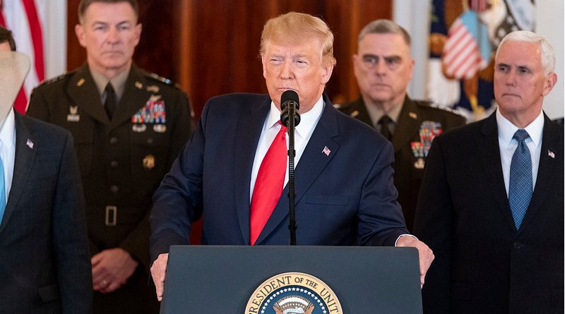 President Donald J. Trump, joined by Vice President Mike Pence, senior White House advisors and senior military personnel, delivers remarks during a national televised address Wednesday, Jan. 8, 2020, from the Cross Hall of the White House, responding to the retaliatory missile strikes against U.S. military and coalition forces in Iraq on Tuesday by the Islamic Republic of Iran. (Official White House Photo by Shealah Craighead)