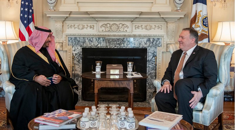Secretary of State Michael R. Pompeo meets with Saudi Deputy Minister of Defense Khalid bin Salman Al Saud, at the Department of State, in Washington D.C., on January 6, 2020. [State Department photo by Freddie Everett/ Public Domain]