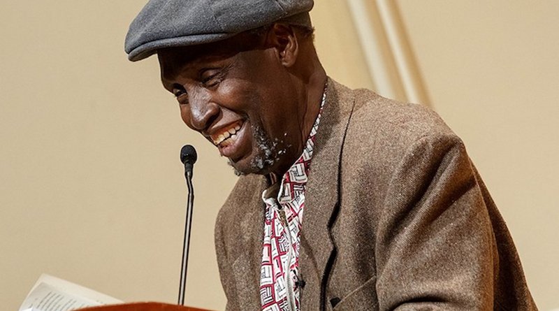 Renowned Kenyan writer Ngũgĩ wa Thiong'o reads excerpts from his recent work in both Gikuyu and English during a presentation in the Coolidge Auditorium, May 9, 2019. Photo by Shawn Miller/Library of Congress.