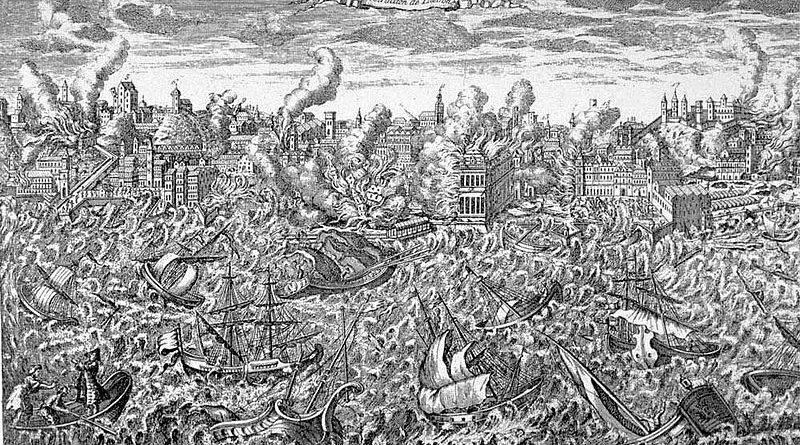 1755 copper engraving showing Lisbon in flames and a tsunami overwhelming the ships in the harbor. Credit: Wikipedia Commons