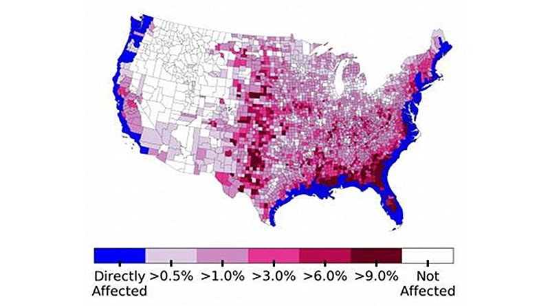Number of additional incoming migrants in the 1.8 meter sea-level rise scenario (versus a business-as-usual scenario) per county as a percentage of that county's population. CREDIT Dilkina and Robinson.