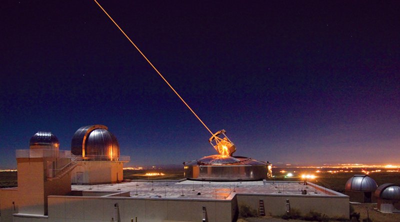 The Sodium Guidestar at the Air Force Research Laboratory Directed Energy Directorate's Starfire Optical Range. Researchers with AFRL use the Guidestar laser for real-time, high-fidelity tracking and imaging of satellites too faint for conventional adaptive optical imaging systems. The SOR's world-class adaptive optics telescope is the second largest telescope in the Department of Defense. (Courtesy photo)