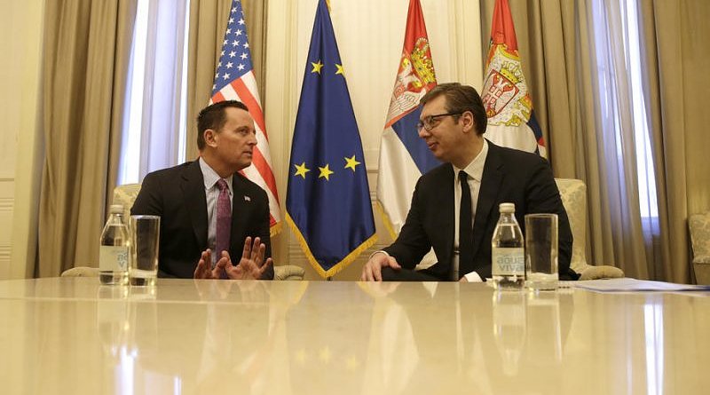 US ambassador to Germany Richard Grenell (L) gestures during the meeting with Serbian President Aleksandar Vucic (R) in Belgrade, Serbia, 24 January 2020.