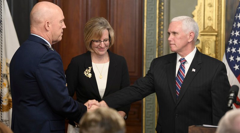 Vice President Mike Pence congratulates Gen. John W. “Jay” Raymond after swearing him in as the first chief of space operations during a ceremony in Washington, Jan 14, 2020. Photo Credit: Andy Morataya, Air Force