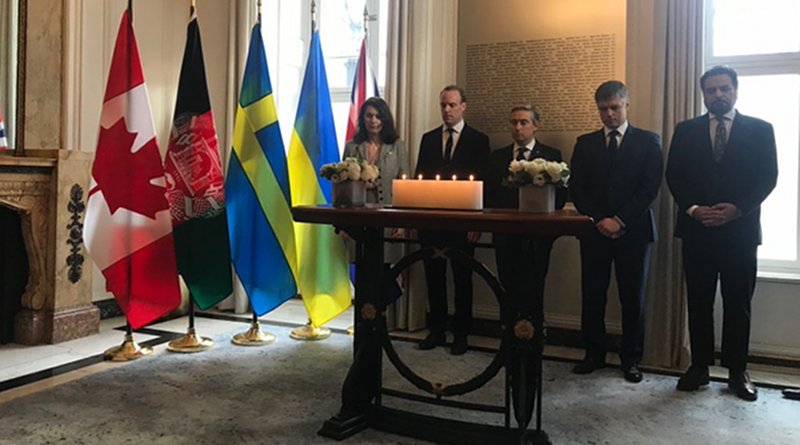 Foreign ministers from Canada, Ukraine, Sweden, Afghanistan and the UK pay their respects to those who died when Iran shot down a Ukrainian airliner. (AN Photo/Zaynab Khojji)