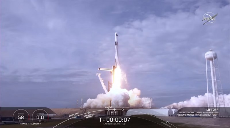NASA and SpaceX completed a launch escape demonstration of the company's Crew Dragon spacecraft and Falcon 9 rocket on Jan. 19, 2020. The test began at 10:30 a.m. EST with liftoff from Launch Complex 39A at NASA's Kennedy Space Center in Florida on a mission to show the spacecraft's capability to safely separate from the rocket in the unlikely event of an inflight emergency. Credits: NASA Television
