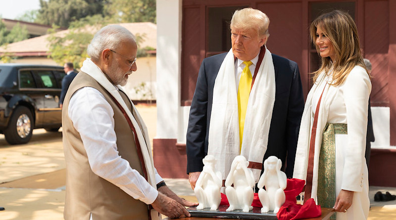 President Donald J. Trump and First Lady Melania Trump are presented with a gift by Indian Prime Minister Narendra Modi during a tour of the home of Mahatma Gandhi Monday, Feb. 24, 2020, at Gandhi Ashram in Ahmedabad, India. (Official White House Photo by Shealah Craighead)