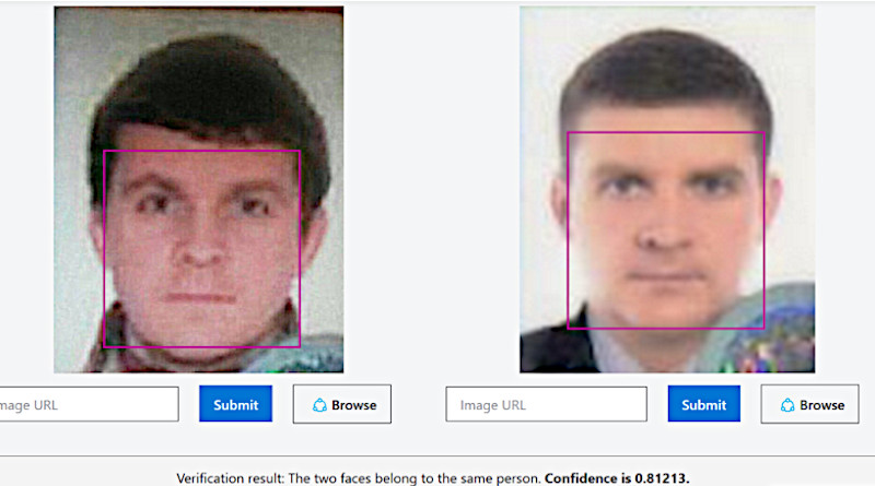 According to Bellingcat, face-matching technology seems to show that “Georgy Gorshkov” is Yegor Gordienko, an officer linked to the Salisbury attack. Photo Credit: Bellingcat