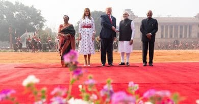 President Donald J. Trump shakes hands with Indian Prime Minister Narendra Modi during a welcome ceremony at Rashtrapati Bhavan, the Presidential Palace Tuesday, Feb. 25, 2020, in New Delhi, India. From left, Mrs. Savita Kovind, the wife of the Indian President Ram Nath Kovind, First Lady Melania Trump, and Indian President Ram Nath Kovind. (Official White House Photo by Shealah Craighead)