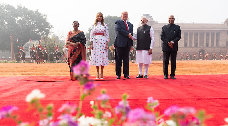 President Donald J. Trump shakes hands with Indian Prime Minister Narendra Modi during a welcome ceremony at Rashtrapati Bhavan, the Presidential Palace Tuesday, Feb. 25, 2020, in New Delhi, India. From left, Mrs. Savita Kovind, the wife of the Indian President Ram Nath Kovind, First Lady Melania Trump, and Indian President Ram Nath Kovind. (Official White House Photo by Shealah Craighead)