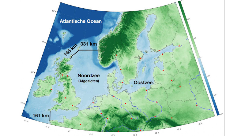 Northern European Enclosure Dam: over 600 km longer than the Afsluitdijk, technically feasible, but primarily intended to show the scale of future interventions if climate change continues. CREDIT NIOZ, Sjoerd Groeskamp
