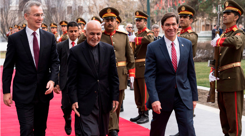 NATO Secretary General Jens Stoltenberg with Afghanistan President Ashraf Ghani and the US Secretary of Defense Mark Esper. Photo Credit: DoD