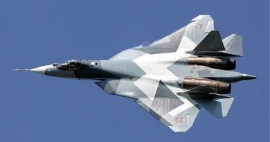 A prototype of Russia's Sukhoi-57 (Su-57) fighter jet in flight. Photo Credit: Maxim Maksimov, Wikipedia Commons