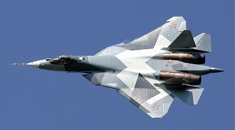 A prototype of Russia's Sukhoi-57 (Su-57) fighter jet in flight. Photo Credit: Maxim Maksimov, Wikipedia Commons