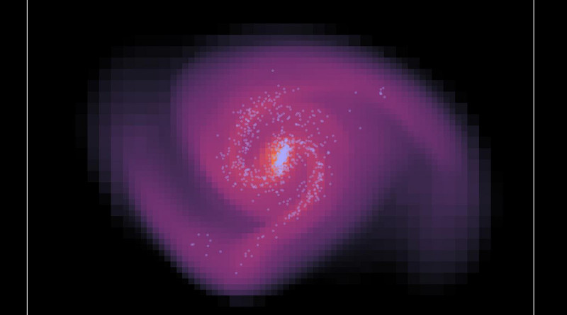 1.5 billion years after the start of the simulation. The lighter the color, the higher the density of the gas. The light blue dots show young stars. CREDIT © AG Kroupa/Uni Bonn