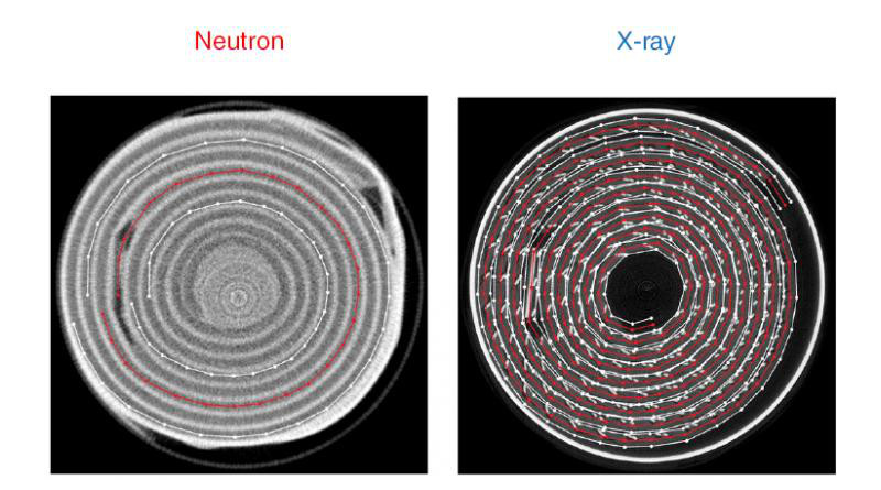 Reconstructed tomograms from neutron and X-ray computed tomography. Clearly visible in the X-ray images is the nickel current collecting mesh, which appears brighter than the active electrode material. CREDIT UCL, ILL, HZB