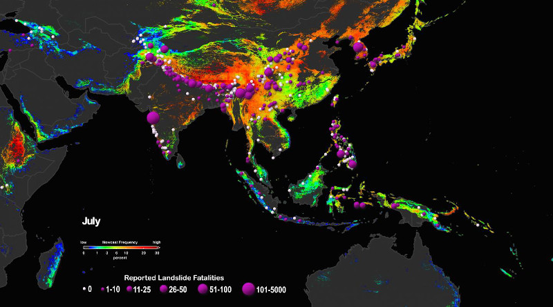 NASA'S LHASA landslide risk model and Global Landslide Catalog track the areas most at risk from deadly landslides, which can cause effects ranging from destroying towns to cutting off drinking water and transportation networks. CREDIT Credit: NASA Scientific Visualization Studio / Helen-Nicole Kostis