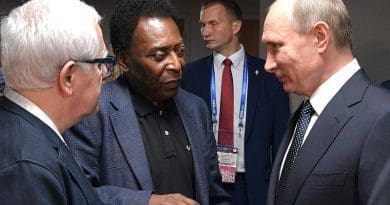 After the 2017 Confederations Cup opening match, Vladimir Putin with the legendary Brazilian footballer Pele. Photo Credit: Kremlin.ru