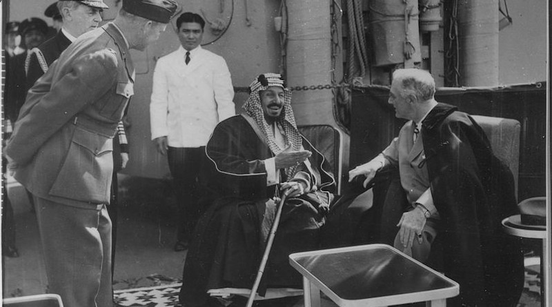 Franklin D. Roosevelt and King Ibn Saud of Saudi Arabia at Great Bitter Lake in Egypt on February 14, 1945. Photo Credit: U.S. National Archives and Records Administration, Wikipedia Commons