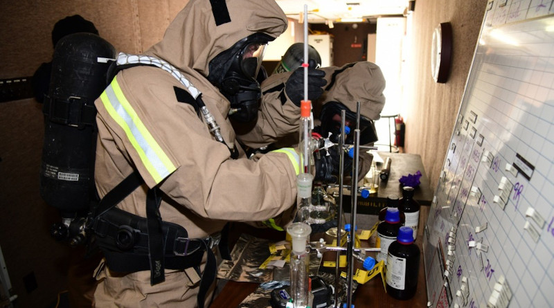 rmy Sgt. Casey Taylor and Air Force Master Sgt. Roger Yurko investigate possible contamination during a training exercise at Stewart Air National Guard Base, N.Y., Nov. 14, 2019. Photo Credit: Air Force Master Sgt. Sara A. Pastorello, New York Air National Guard