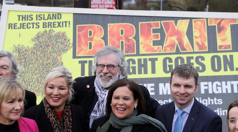 Sinn Féin leader Mary Lou McDonald (centre) with former leader Gerry Adams on the Irish border. Credit: Brian Lawless/PA Wire