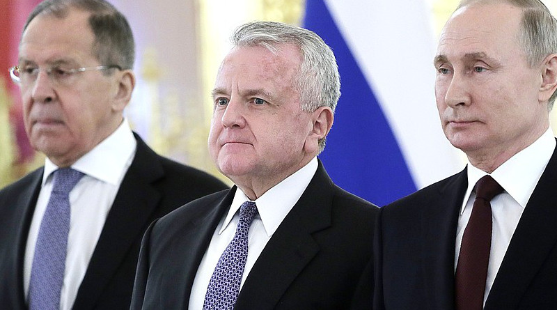 United States Ambassador John J. Sullivan presents his letter of credence to Russia's President Vladimir Putin. Photo Credit: Kremlin.ru
