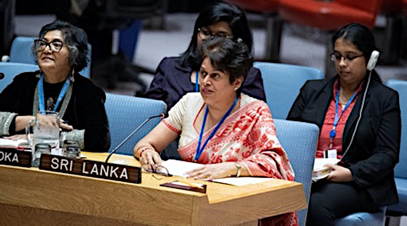 Ambassador Kshenuka Senewiratne (right in the front) addressing one day debate at the UN Security Council titled "Peacebuilding and Sustaining Peace: Transitional Justice in conflict and post-conflict situations" on 13 February 2020 in New York. Credit: Permanent Mission of Sri Lanka to the UN in New York.